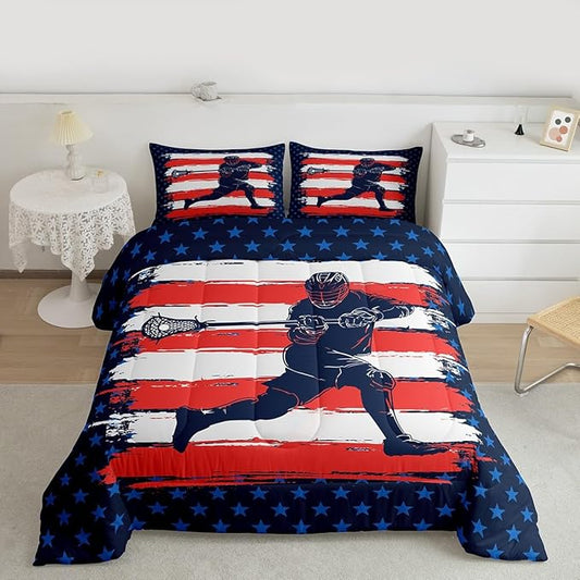 Feelyou Lacrosse Comforter Set Queen Size Boys Gilrs American Flag Sports Theme Bedding Set for Kids Adults Ultra Soft Lacrosse Player Games Comforter Navy Blue Duvet Set Room Decor Quilt Set