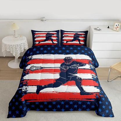 Feelyou Lacrosse Comforter Set Toddler Size Boys Gilrs American Flag Sports Theme Bedding Set for Kids Adults Ultra Soft Lacrosse Player Games Comforter Navy Blue Duvet Set Room Decor Quilt Set