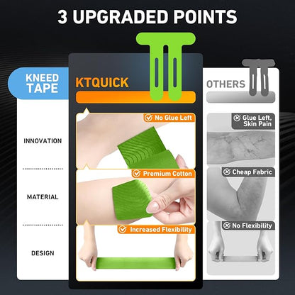 PreCut Kinesiology Tape for Knees, 24PCS Waterproof KTQUICK Knee Tape for Knee Pain Relief Pre Cut, Original Cotton Athletic Knee Tape, Waterproof & Hypoallergenic Latex-Free for Sports(Green)