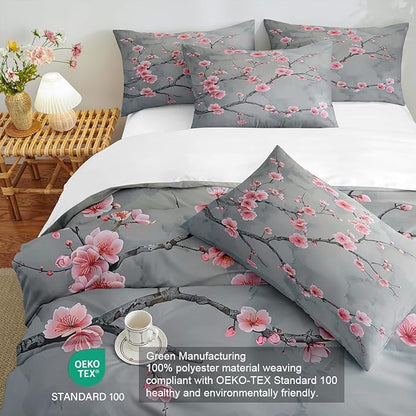 Grey Pink Cherry Blossom Duvet Cover King Size Japanese Cherry Blossoms Duvet Cover Set Vintage Floral Bedding Set Soft Microfiber Comforter Cover(2 Pillowcases, No Comforter)