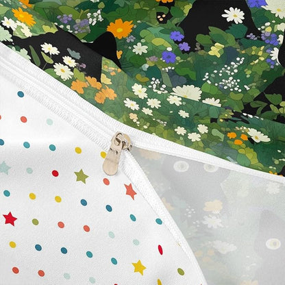 Cute Cats Duvet Cover Set Twin Size,Watercolor Flowers Green Leaves Plant Reversible Bedding Set Soft Bedroom Decor,Black Kawaii Animal Oil Painting Polyester Quilt Cover (No Comforter), 2 Pcs