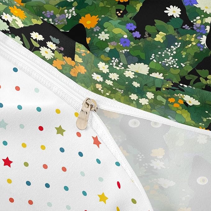 Cute Cats Bedding Sets Toddler Size,Watercolor Flowers Green Leaves Plant Reversible Duvet Cover 2Pcs for Kids Bedroom,Black Kawaii Animal Oil Painting Quilt Cover,1 Pillowcase (No Comforter)