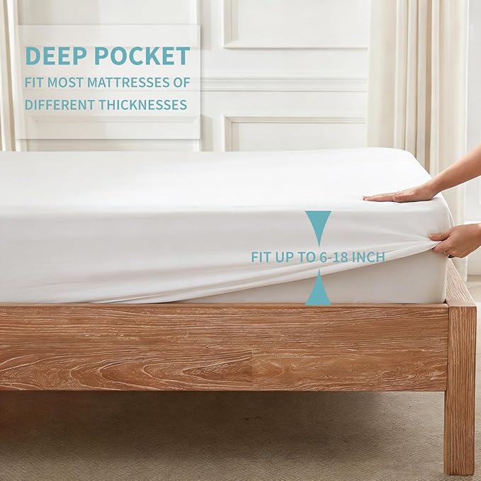 King Size Mattress Protector Waterproof- 2 Pack Washable Mattress Cover Fitted Bed Pad Noiseless Plastic Protection Up to 18” Allergy Mattress Protector Soft&Breathable（White）