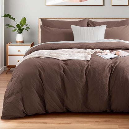 NEXHOME PRO Full Duvet Cover Set, 100% Certified Organic Cotton with Washed Feel & Linen-Like Texture, Comfortable & Breathable, Home Bedding Set Dark Brown (No Comforter)