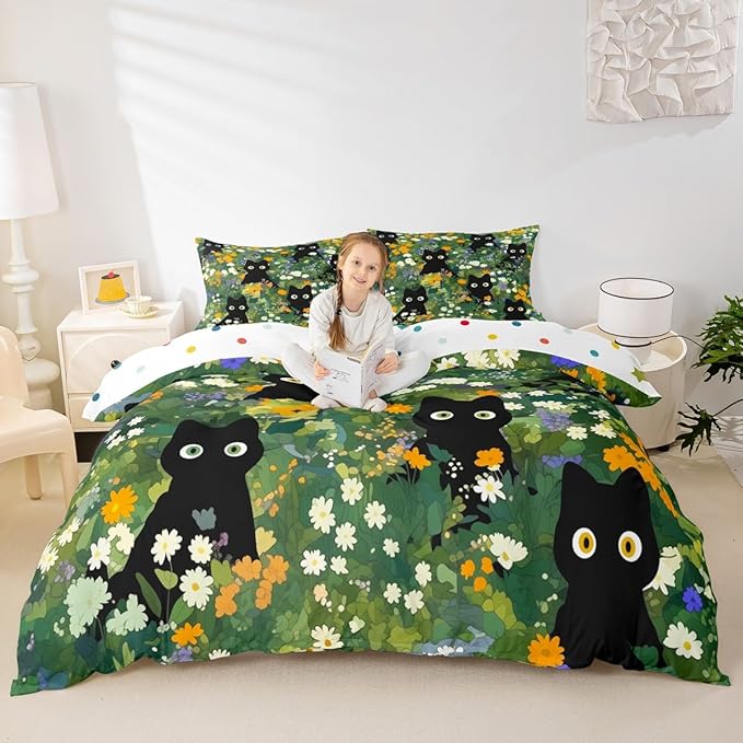 Cute Cats Full Size Duvet Cover Set,Watercolor Flowers Green Leaves Plant Reversible Comforter Cover with 2 Pillowcases,Black Kawaii Animal Oil Painting Breathable Bedding Set (Not Comforter)