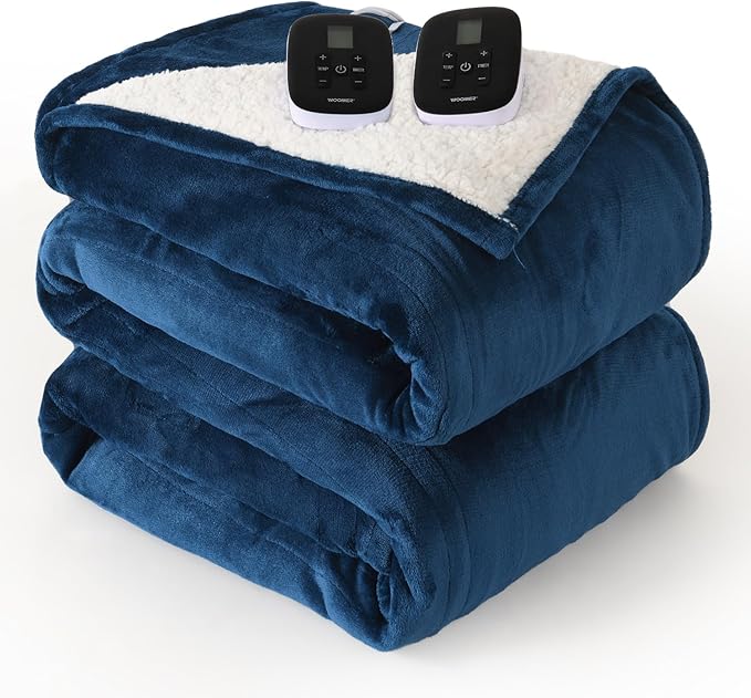WOOMER Heated Blanket King Size,Durable Flannel and Soft Sherpa,Dual Control,90” × 100” Electric Blanket, 10 Heat Levels&0.5-12h auto-Off, Overheat Protection,Energy Efficient