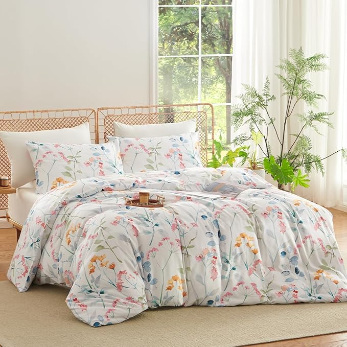 Floral Duvet Cover Twin 2 Pieces Watercolor Flower Pattern Bedding Set for Girls Colorful Flower Aesthetic Bedding Soft Microfiber Farmhosue Comforter Cover with 1 Pillowcase