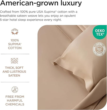 Threadmill Supima Cotton Sheets, 1000 Thread Count Soft 100% Cotton Sheets for Cal King Size Bed, 4 Pc Beige Cal King Bed Sheet Set, 5-Star Hotel Quality, Elasticized Deep Pocket Cal King Sheet
