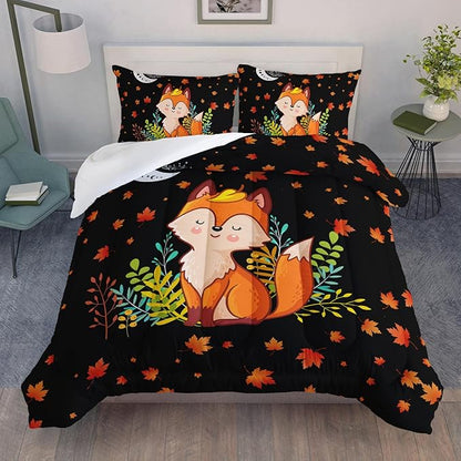 Cartoon Fox Comforter Set 3-Pieces Cute Fox Bedding Set Moon Plants Leaves Printed Quilt Set for Kids Boys Girls with 2 Pillowcases Twin