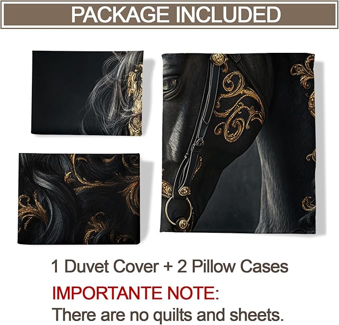Black Horse Duvet Cover Oversized King Ancient Warhorses Bedding Set 3 Piece Bedroom Decor Noble Gold Foil Horse Comforter Cover with Zipper Ties & 2 Pillowcases