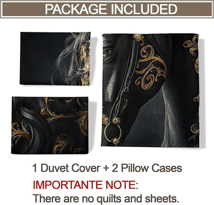 Black Horse Duvet Cover Queen Size, Ancient Warhorses Bedding Set 3 Piece Bedroom Decor Noble Gold Foil Horse Comforter Cover with Zipper Ties & 2 Pillowcases