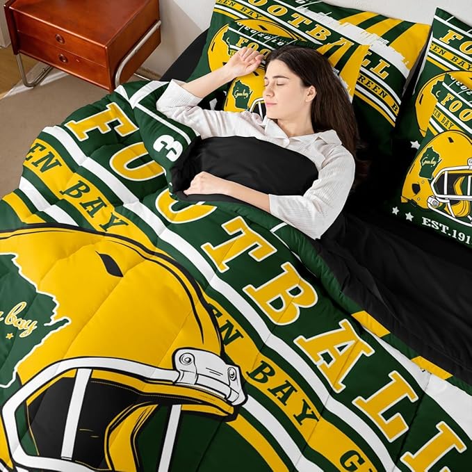 Erosebridal Football Seasonal King Bedding Sets for Boys Girls Adults Football Illustration Comforter + Flat Sheet + Fitted Sheet + 2 Pillowcases + 2 Throw Pillow Covers