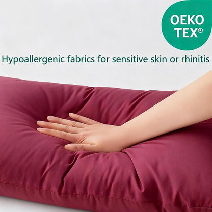 Flat Ultra Thin Bed Pillows Queen Size Pillow Set of 2 Extra Soft Down Alternative for Stomach Side Back Sleeper Burgundy 20x30inches