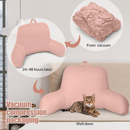 Reading Pillow, Silk Back Support Pillow for Bed Sitting Up, Large Bed Rest Pillow with Arms for Adults,Back Support Pillow for Couch and Chair, Pink