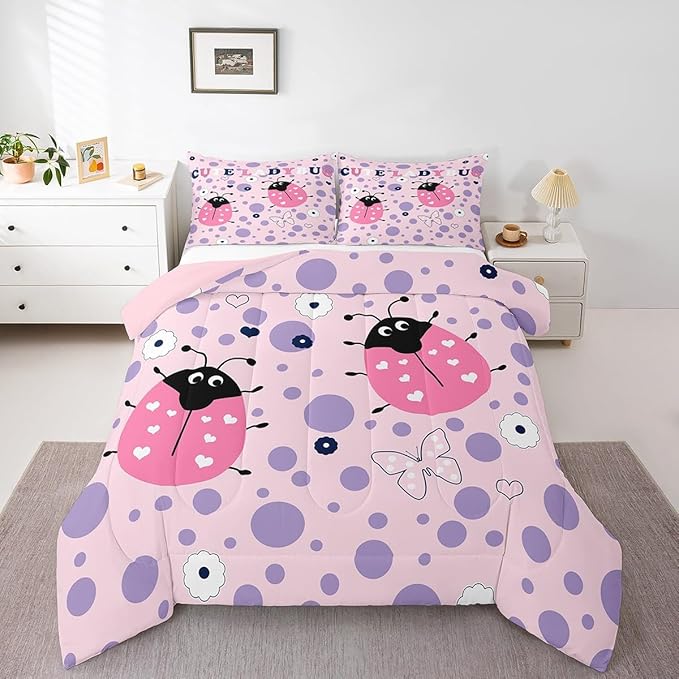 Castle Fairy Cute Ladybug Bedding Set Twin Size Funny Polka Dots Geometric Comforter for Child Teens Cartoon Butterfly Animal Down Comforter Heart Print Duvet Insert with 1 Pillowcase