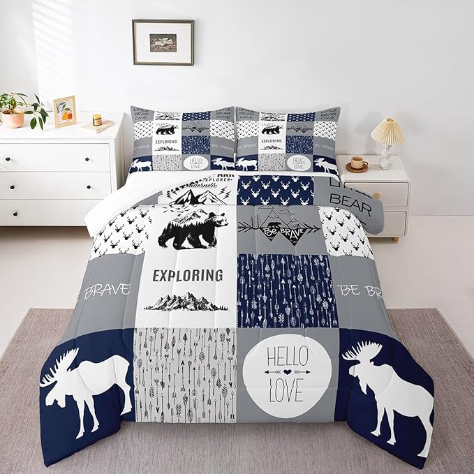 Bear Deer Comforter Set Hunting Camping Bedding Set for Kids Boys Girls Deer Antler Comforter Rustic Cabin Plaid Duvet Set 1 Comforter Set with 2 Pillowcases Full Size Boys