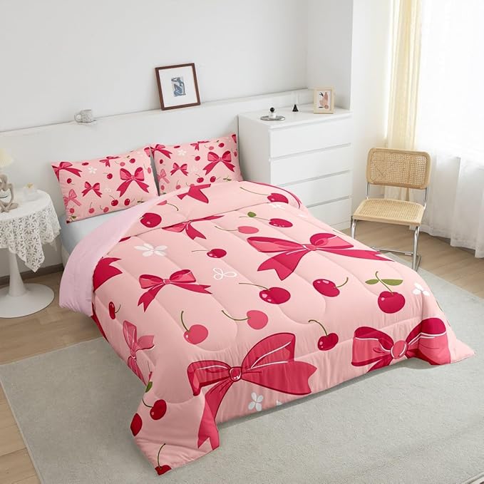 Feelyou Hot Pink Bow Comforter Set for Girls Boys Kids Toddler Size Cheery Comforter Room Decor Cute Bedding Set Princess Style Duvet Set