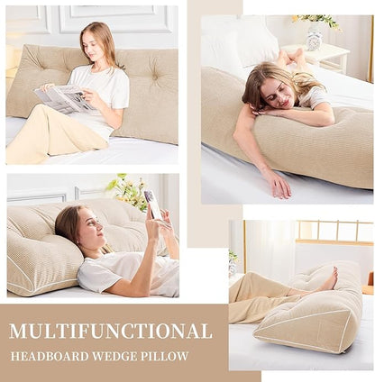 Sasttie Headboard Pillow Twin/Twin XL, Wedge Pillow Headboard for Dorm, Triangular Daybed Backrest Cushion for Sitting or Reading in Bed, with Removable Washable Cover, Beige