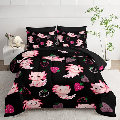 Cute Axolotl Comforter Set,Bed in a Bag Full Size 7 Pieces,Marine Life Themed Bed Set for Kids Girls Toddler,7Pcs Bedding Set with Comforter,Fitted Sheet,Flat Sheet,Pillowcases.