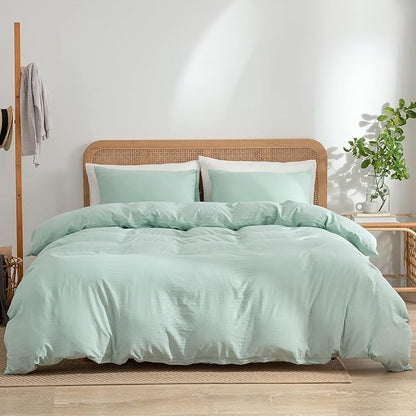 Green Duvet Cover King Size 3-Piece Set - 100% Washed Microfiber, Lightweight & Chic with Zipper Closure & Corner Ties, Includes 1 Duvet Cover & 2 Pillowcases
