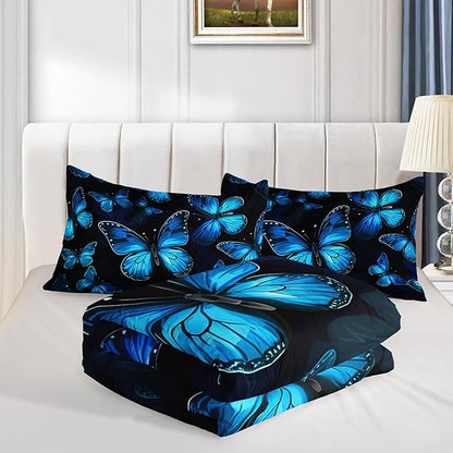 Dream Blue Butterfly Comforter Set King Size,Boho Bedding Comforter Sets for Kids Boys Girls Bedroom Decor Aesthetic,Animal Themed Bedding Soft Fluffy Comforter Sets with 2 Pillowcases.
