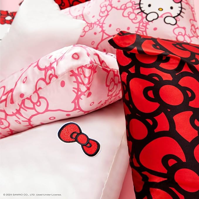 Kitsch x Hello Kitty Pillow Case – Sea of Bows Toddler Bed Time Satin Pillowcase with Zipper – Soft Cooling Pillow Cover for Hair & Skin – Better Than Silk Pillowcase – King Size 19x36