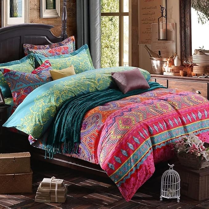 Boho Queen Duvet Cover Soft Cotton 3 Pieces Bedding Sets Queen Boho Exotic Colorful Chic Style Teal Orange Bohemian Retro Print Duvet Cover Queen, with Zipper Closure (NO Comforter)