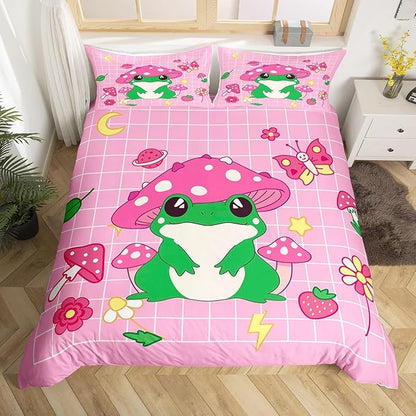Castle Fairy Cute Mushroom Frog Duvet Cover Set ,Cartoon Kawaii Butterfly Animal Comforter with 2 Pillowcases,Pink Plaid Strawberry Moon Flowers Bedding for Girls Teens,Soft Microfiber,Full 80''x90''
