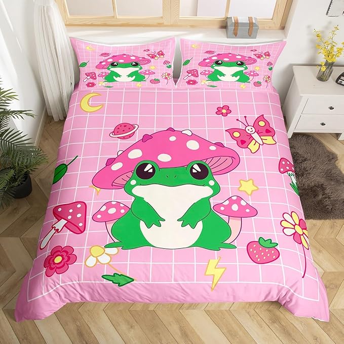 Castle Fairy Cute Mushroom Frog Duvet Cover Set King Size,Cartoon Kawaii Butterfly Animal Comforter with 2 Pillowcases,Pink Plaid Strawberry Moon Flowers Breathable Quilt for Adult Women Gift,3pcs