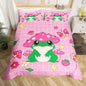Castle Fairy Cute Mushroom Frog Bedding Set Twin Size,Cartoon Kawaii Butterfly Animal Duvet Cover for Kids Boys Bedroom Decor,Pink Plaid Strawberry Moon Flowers Polyester Quilt with 1 Pillowcases,2pc