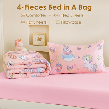 Twin Comforter Set for Kids, Boys, Girls, 4 Pieces Bed-in-a-Bag Bedding Set, All Season Ultra Soft Sheets Set with Comforter, Pink Unicorn