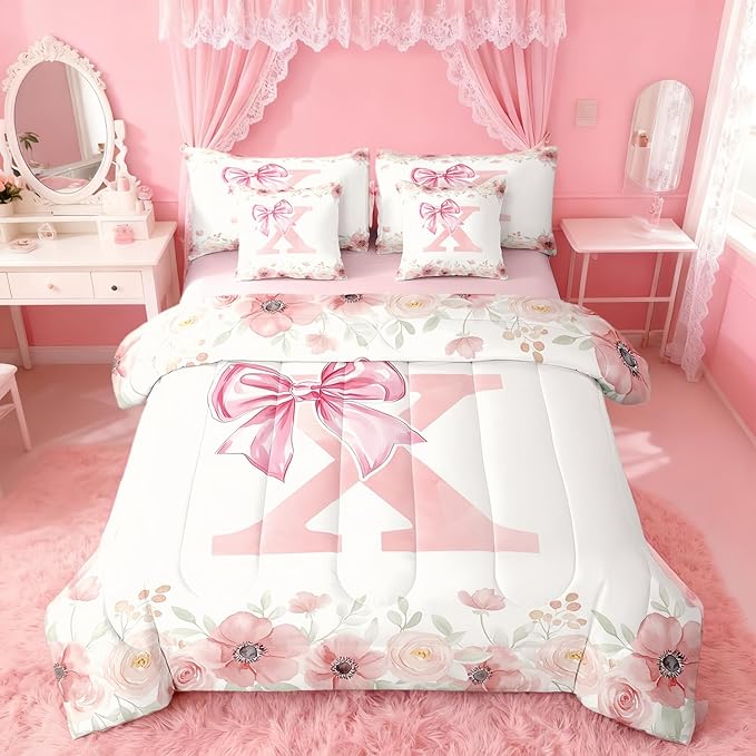 Erosebridal Initial Letter X Bed in A Bag Queen for Girls Kids, Dreamy Princess Bowknot Bedding Sets Flower Floral Fresh Style Comforter Set with Sheets Light Pink White Bow Bed Set Bedroom Decor