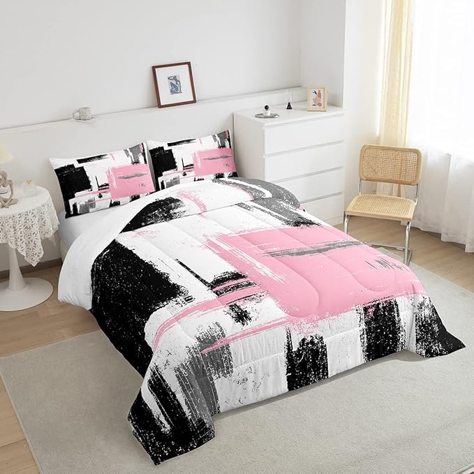 Feelyou Abstract Bedding Set Comforter Set for Kids Boys Children Modern Abstract Art Comforter Ultra Soft Decor Black Pink White Duvet Set Toddler Size