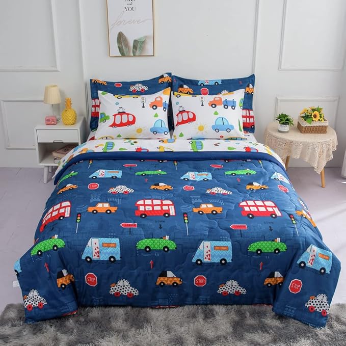 Wajade Cartoon Cars Comforter Set Bed in A Bag Queen Size Colorful Cars Bus Van Traffic Lights Bedding Set for Boys Kids (1 Comforter, 1 Flat Sheet, 1 Fitted Sheet, 2 Pillowcase and 2 Pillow Sham)