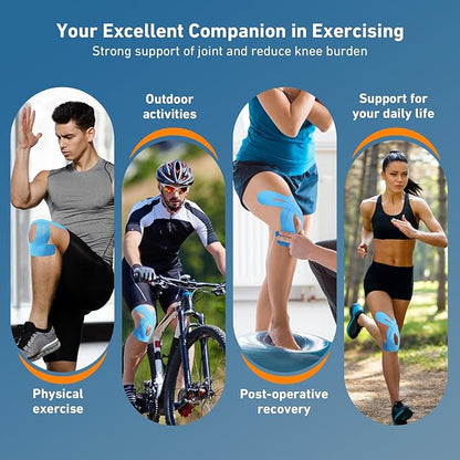 PreCut Kinesiology Tape for Knees, 12 PCS Waterproof KTQUICK Knee Tape for Knee Pain Relief Pre Cut, Original Cotton Athletic Knee Tape, Waterproof & Hypoallergenic Latex-Free for Sports (Blue)