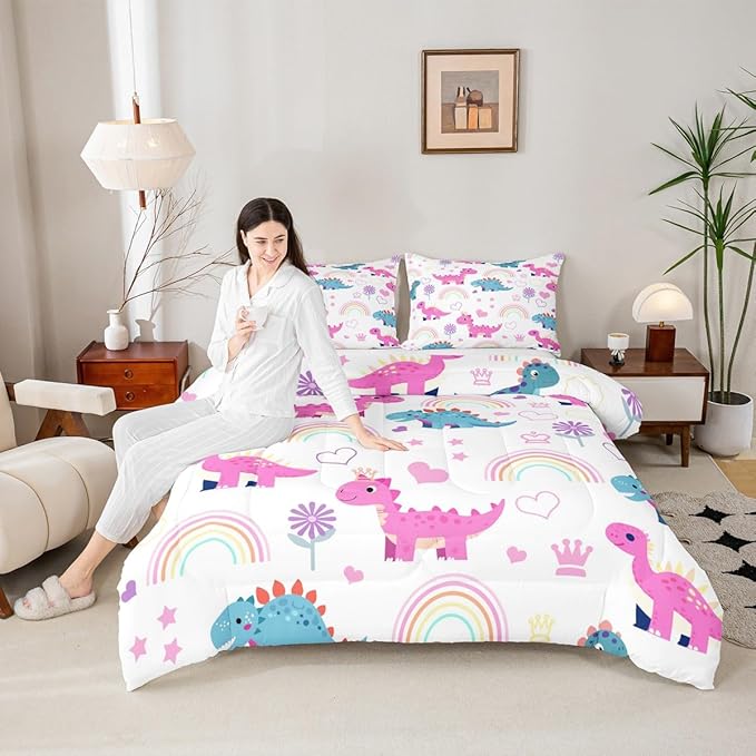 Castle Fairy Kawaii Dino Kids Comforter Set King Size,Cute Rainbow Floral Love Heart Reversible Quilted Duvet with 2 Pillowcases Purple Blue Dinosaur Lovely Animal Comforter for Boys Teens Bedroom