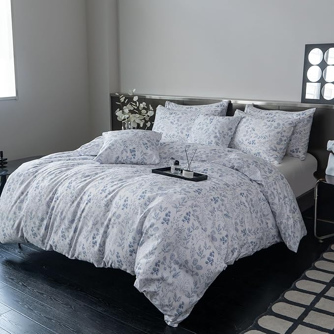 Jane yre Duvet Cover Twin Flowers Brushed Microfiber 3 Pieces Floral Bedding Set Twin Garden Style Blue Floral Pattern Flower Twin Duvet Cover with Zipper Closure Luxury Soft Breathable Comfy
