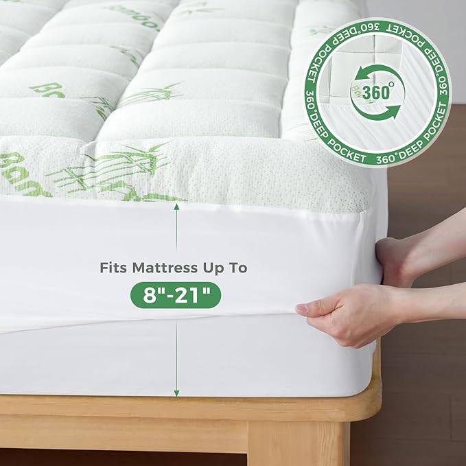 HYLEORY Mattress Topper Queen Size - Bamboo-Viscose Plush Pillow Top Mattress Pad, Thick Mattress Protector Cover Breathable Fluffy Soft Bed Topper with 8-21" Deep Pocket, Green