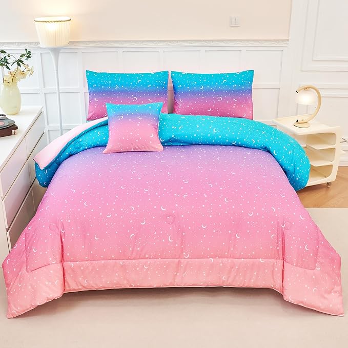 URBONUR Kids Queen Comforter Set Pink Rainbow Galaxy Moon Star Printed Bedding Set 6 Pieces Soft All Season Girls Bed in a Bag Queen Size