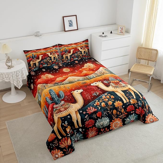 Castle Fairy Desert Alpaca Bedding Set Toddler Size Bohemia Rustic Exotic Comforter Set for Kids Teens Room Decor Western Tribal Style Floral Duvet Insert Galaxy Sky Down Comforter Set,2Pcs