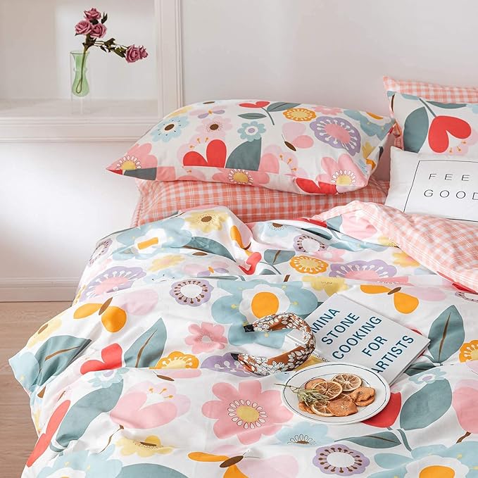 Jane yre Floral Duvet Cover Twin, 100% Cotton 3 Pieces Bedding, Fresh Garden Style Flower Branches Pattern Duvet Cover, with Zipper Closure, Luxury Soft Breathable Comfy