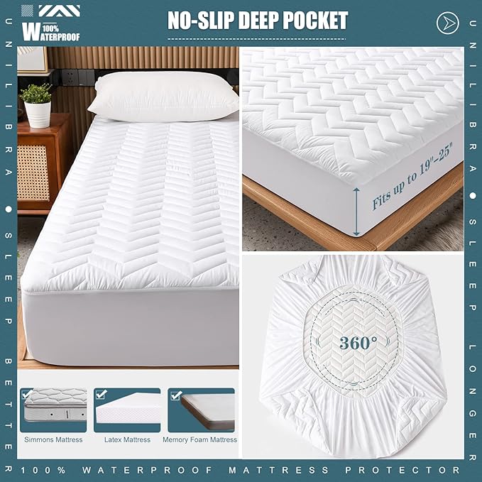 Cal King Size Waterproof Mattress Protector Quilted, Breathable Ultra-Soft Filling Mattress Pad, Fitted Deep Pocket Mattress Cover Fits 6''-25'' Mattress White
