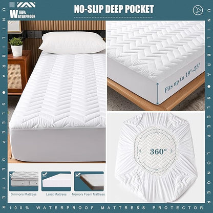 Twin Size Waterproof Mattress Protector Quilted, Breathable Ultra-Soft Filling Mattress Pad, Fitted Deep Pocket Mattress Cover Fits 6''-19'' Mattress White
