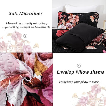 Floral Quilt Set King 3 Pieces Red Floral Quilt Coverlet Set Soft Microfiber Lightweight Black Quilted Bedspread for All Season 104"x90"