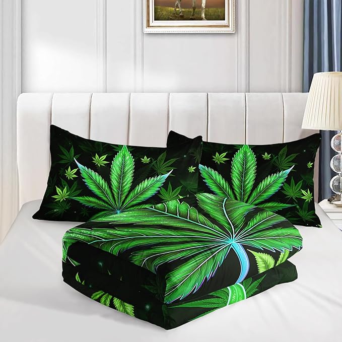 Green Marijuana Leaf Themed Comforter 3Pcs Full Bright Weed Leaves Herb Botanical Bedding Set for Kid Teen Girl Boy Adult Room Decor Cannabis Leaves Quilt with 1 Comforter and 2 Pillowcases