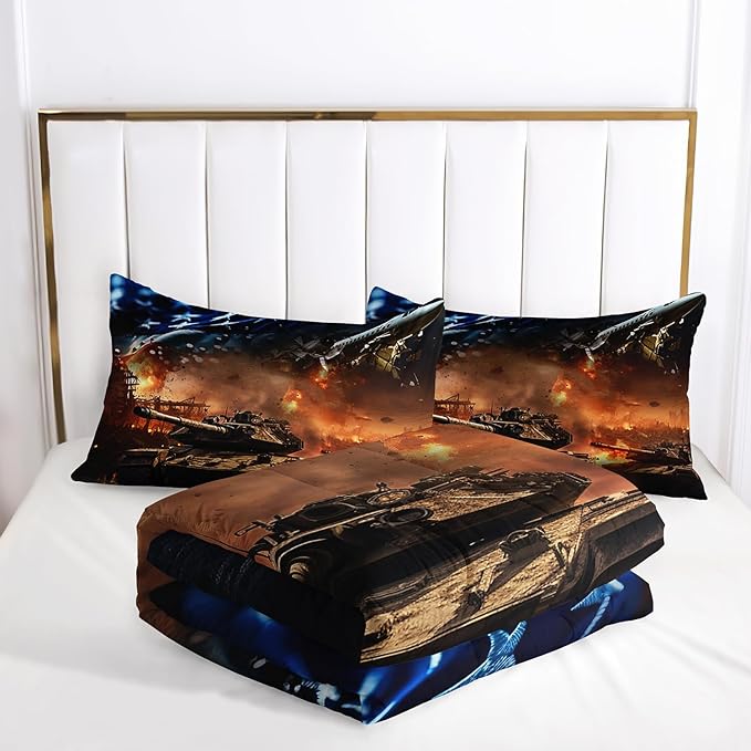 War Theme Comforter Set King Size for Kids Teens and Adults Tanks and Aircraft Printed Quilt Set for Bedroom Microfiber All Season Print Quilt Set with 1 Comforter and 2 Pillow Case