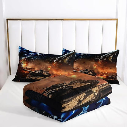 War Theme Comforter Set King Size for Kids Teens and Adults Tanks and Aircraft Printed Quilt Set for Bedroom Microfiber All Season Print Quilt Set with 1 Comforter and 2 Pillow Case