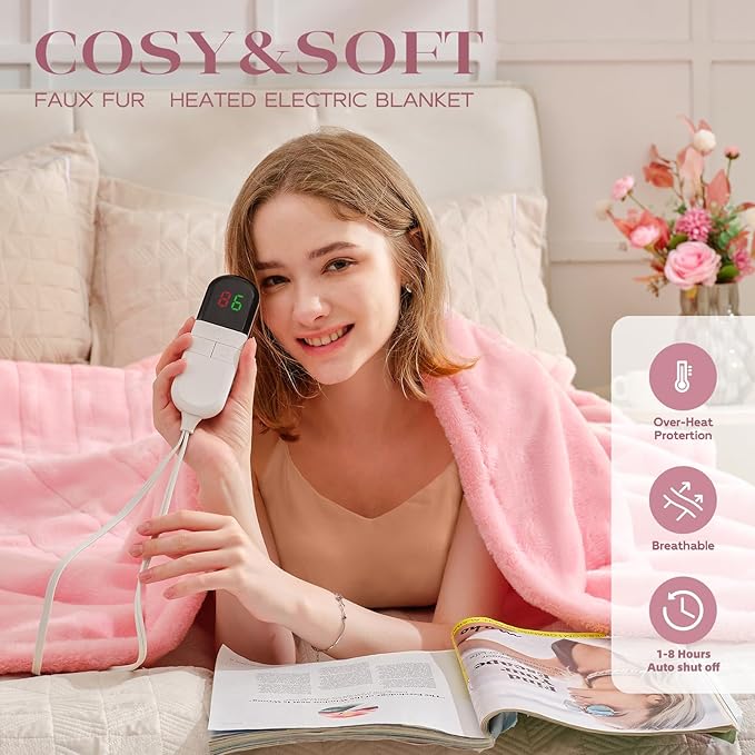 Premium Heated Throw Blanket 50"×60" - Ultra Cosy Soft Electric Blanket with 8 Heating Levels,Plush Fast Heating Faux Rabbit Fur Blanket for Bed & Couch - Auto Shut Off,Machine Washable (Pink)