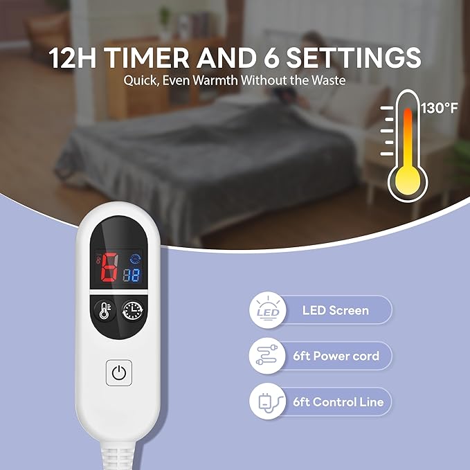 Heated Blanket Electric Blanket Full Size 84"x72" Fast Heating Electric Blanket with 12 Hours Auto-Off and 6 Heating Settings Overheat Protection Cozy Soft Flannel Heated Throw Blanket ETL-Certified