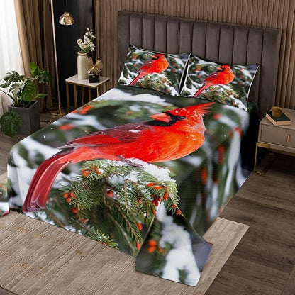 Erosebridal Cardinal Bedding Set Red Bird Bedspread Set for Kids Boys Teens, Pine Tree Coverlet Set Animal Snow Quilt Set Soft and Breathable Bedroom Decor Queen Size